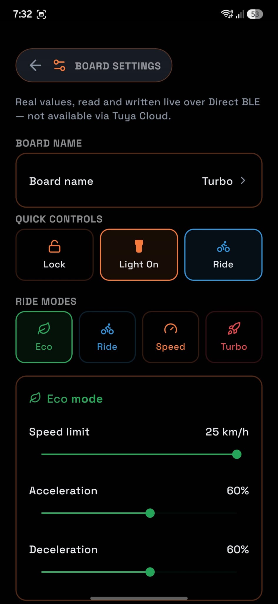 Turbo board settings screen with quick controls for lock, light, and ride mode, and per-mode speed/acceleration sliders