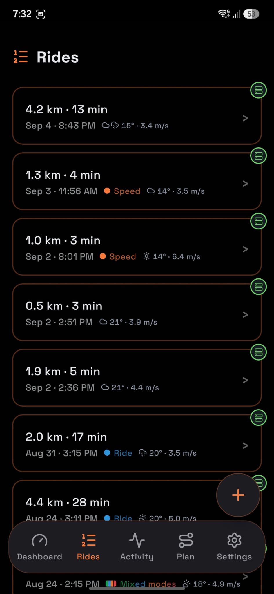Turbo rides list showing several past rides with distance, duration, and dominant mode