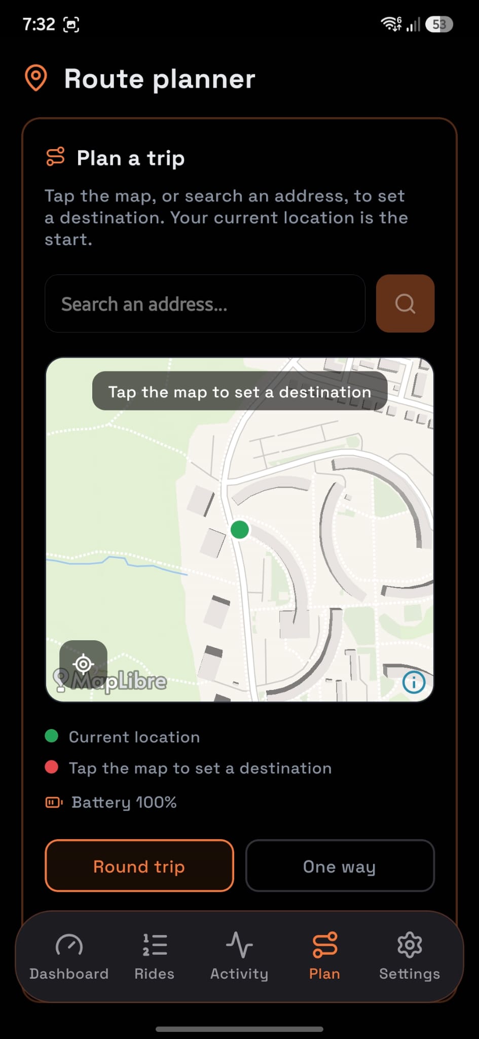 Turbo route planner with a map to tap a destination and choose round trip or one way