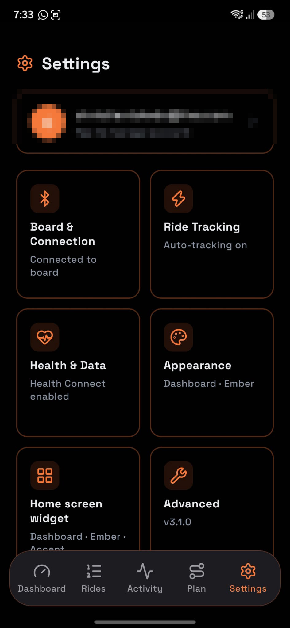 Turbo settings hub with tiles for board connection, ride tracking, health data, appearance, and more