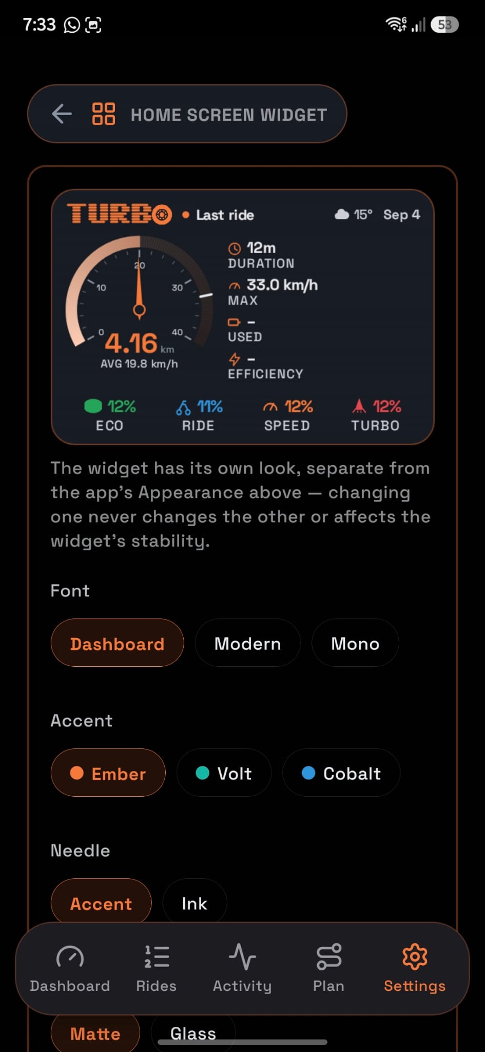 Turbo home screen widget showing the last ride's distance, speed, and mode breakdown